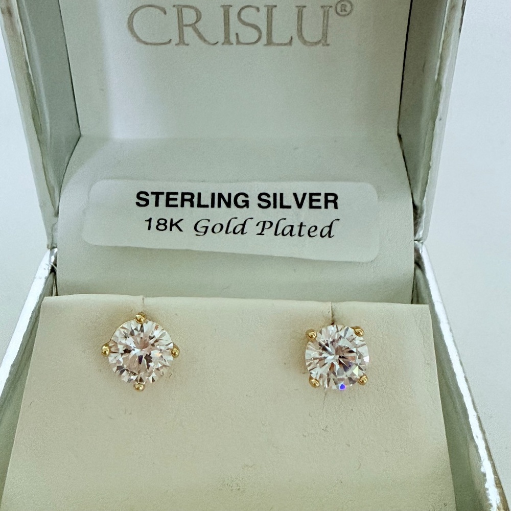 CRISLU Sterling Silver 18K Gold Plated Solitaire Stud Earrings - Picture 3 of 5